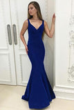 Mermaid V-neck Royal Blue Ruched Long Prom Dresses HZ0509
