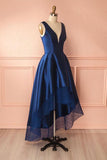 Blue A Line Satin Lace V Neck High-low Bridesmaid Dress,Simple Prom Dresses HZ0509