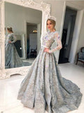 Sleeve Grey Lace A Line Long Evening Prom Dress for Teens HZ0509