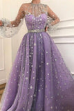 Sleeve A-line Sparkly Star Lace Lilac Long Prom Dresses HZ0509