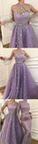 Sleeve A-line Sparkly Star Lace Lilac Long Prom Dresses HZ0509