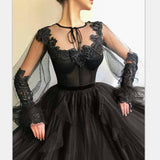 Long A-line Tulle Prom Dress, Long Sleeves Modest Evening Gown HZ0509