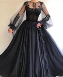 Long A-line Tulle Prom Dress, Long Sleeves Modest Evening Gown HZ0509