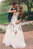 Line V Neck Flower Appliques Prom Dresses, Long Evening Dresses HZ0509