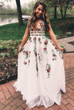 Line V Neck Flower Appliques Prom Dresses, Long Evening Dresses HZ0509