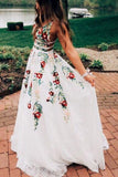 Line V Neck Flower Appliques Prom Dresses, Long Evening Dresses HZ0509