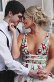 Line V Neck Flower Appliques Prom Dresses, Long Evening Dresses HZ0509