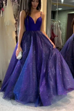 A-Line V Neck Royal Blue Prom Dress Cross Back Evening Dress HZ0509
