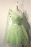 Elegant Sage Short One Shoulder Tulle Homecoming Dresses With Belt HZ0509