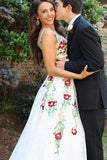 Line V Neck Flower Appliques Prom Dresses, Long Evening Dresses HZ0509