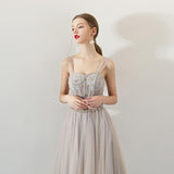 Line Tulle Long Straps Lace Up Back Beaded Prom Dresses,Evening Dress HZ0509