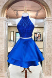 Satin 2 Piece High Neck Beaded A-line Homecoming Dresses HZ0509