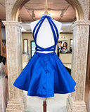 Satin 2 Piece High Neck Beaded A-line Homecoming Dresses HZ0509