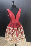 A-Line V Neck Sleeveless Red Short Homecoming Dress With Lace Appliques HZ0509