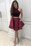 2 Pieces Simple Short Burgundy Satin Homecoming Dresses For Teens HZ0509