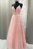 V Neck Prom Dress with Straps, Long Prom Gown with Appliques HZ0509