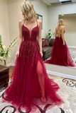 Spaghetti Straps Burgundy Lace Appliques Prom Dresses, Cheap Evening Dresses HZ0509