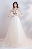 A Line Long Sleeves Tulle Appliques Prom Dresses With Flowers HZ0509