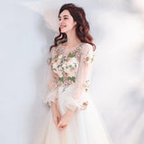 A Line Long Sleeves Tulle Appliques Prom Dresses With Flowers HZ0509