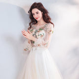 A Line Long Sleeves Tulle Appliques Prom Dresses With Flowers HZ0509