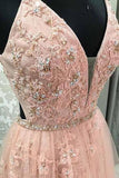 V Neck Prom Dress with Straps, Long Prom Gown with Appliques HZ0509