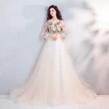 A Line Long Sleeves Tulle Appliques Prom Dresses With Flowers HZ0509
