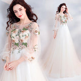 A Line Long Sleeves Tulle Appliques Prom Dresses With Flowers HZ0509