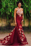 Burgundy Mermaid Long Lace Appliqued Sleeveless Prom Dresses HZ0509