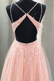 V Neck Prom Dress with Straps, Long Prom Gown with Appliques HZ0509