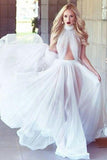 A line Cheap Long Sexy Simple Ivory High Neck Tulle Prom Dress HZ0509