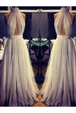A line Cheap Long Sexy Simple Ivory High Neck Tulle Prom Dress HZ0509