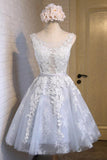 Line Lace Appliques V Neck Gray Short Homecoming Dresses HZ0509