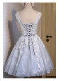 Line Lace Appliques V Neck Gray Short Homecoming Dresses HZ0509
