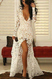 Mermaid Deep V-Neck Long Sleeves Split Front Ivory Lace Prom Dress HZ0509