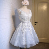 Line Lace Appliques V Neck Gray Short Homecoming Dresses HZ0509