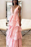Deep V-Neck Backless Pink Lace Layered Prom Dress HZ0509