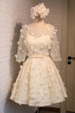Line Floral Short Round Neck 3/4 Sleeves Homecoming Dresses HZ0509