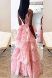 Deep V-Neck Backless Pink Lace Layered Prom Dress HZ0509