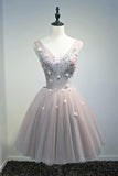 Line Lace Floral Short V Neck Tulle Homecoming Dresses HZ0509