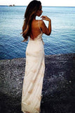 Spaghetti Straps Floor Length Backless Side Slit Appliques Prom Dress HZ0509