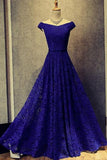 Blue A Line Off Shoulder Lace Long Prom Dresses Evening Dresses HZ0509