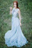 Light Blue Chiffon Scoop A-line Floor-length Appliques Prom Dress HZ0509