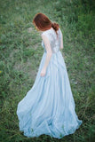 Light Blue Chiffon Scoop A-line Floor-length Appliques Prom Dress HZ0509