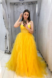 Yellow Tulle Sweetheart Long Prom Dress With Ruffles Evening Dress HZ0509