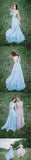 Light Blue Chiffon Scoop A-line Floor-length Appliques Prom Dress HZ0509