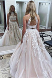 A Line Two Pieces High Neckline Long Lace Formal Prom Dress HZ0509