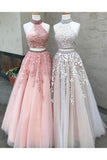 A Line Two Pieces High Neckline Long Lace Formal Prom Dress HZ0509