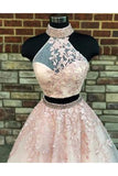 A Line Two Pieces High Neckline Long Lace Formal Prom Dress HZ0509