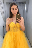 Yellow Tulle Sweetheart Long Prom Dress With Ruffles Evening Dress HZ0509