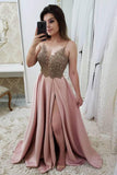 Straps A Line Split Prom Dress, Pink Beaded Evening Dresses HZ0509